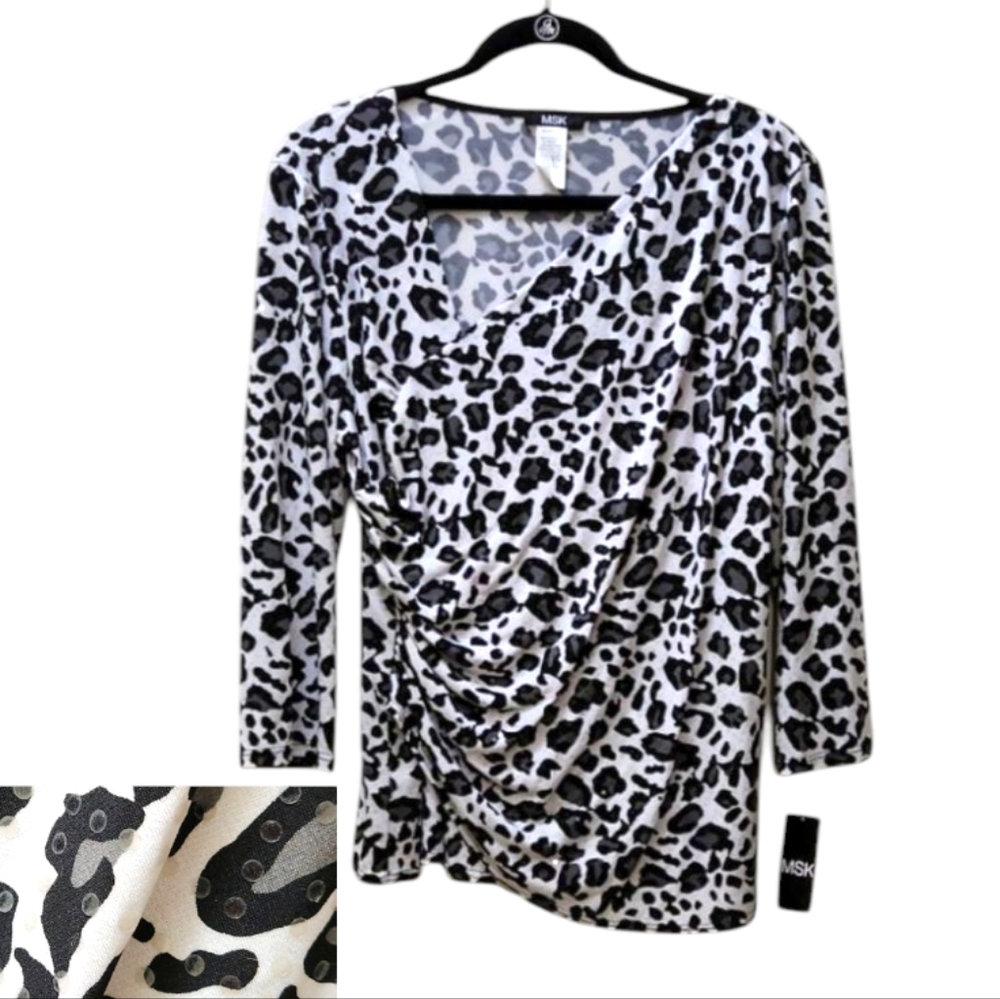 NWT MSK Black & White Animal Print Sequence Top Size XL